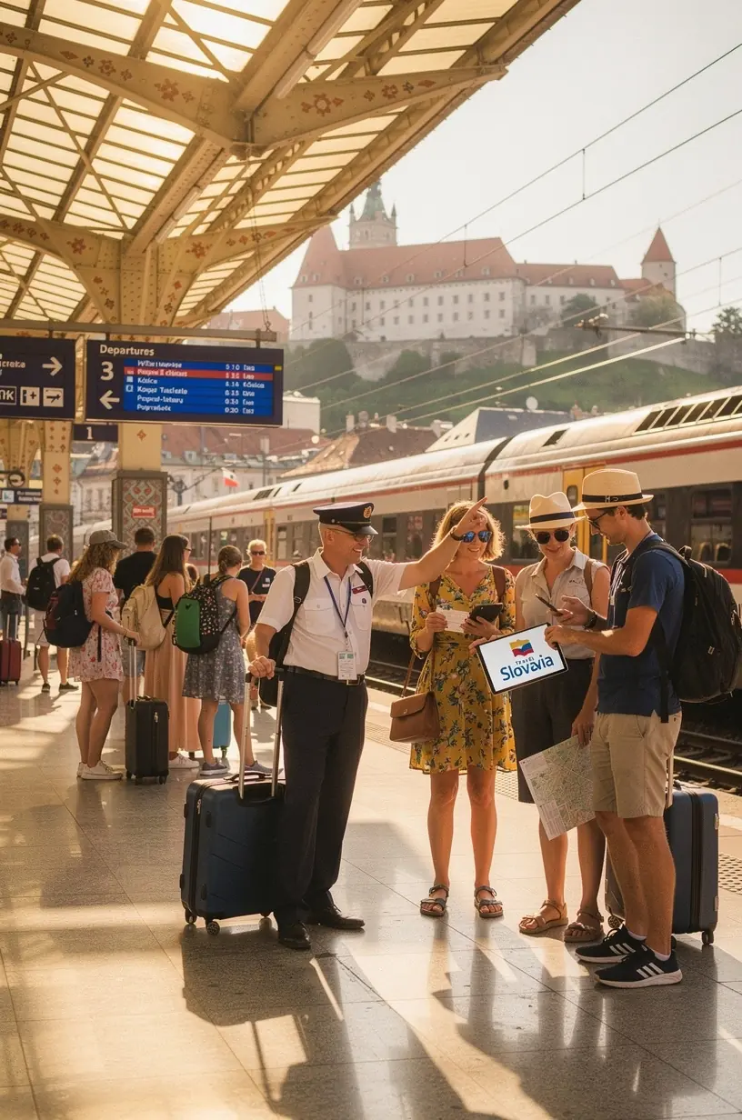 Scenic railway route map highlighting major Slovak tourist destinations connected by efficient train services.